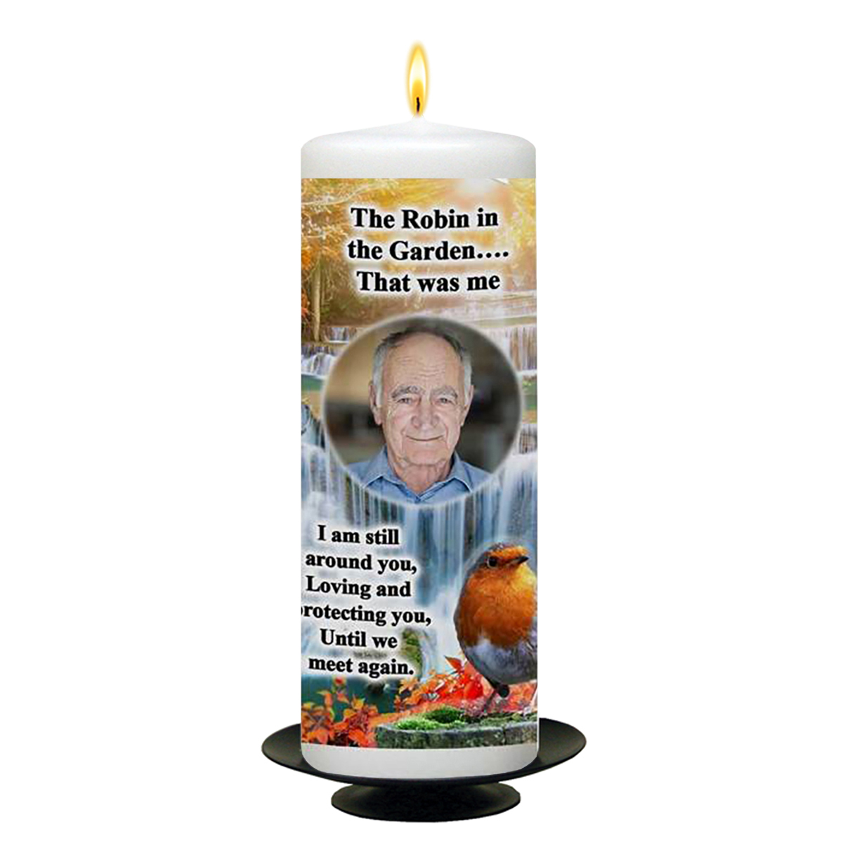 Customised Remembrance Candle - Robin in Garden with Photo